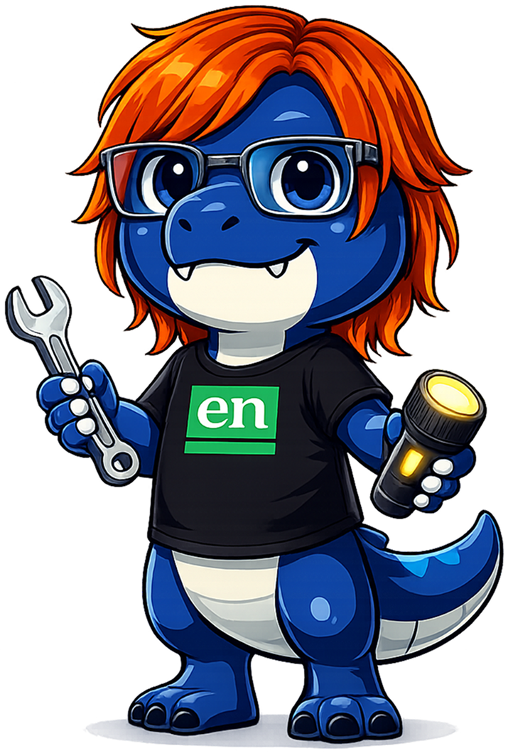 Rex — the n-dx mascot, a blue dinosaur with glasses holding a wrench and flashlight